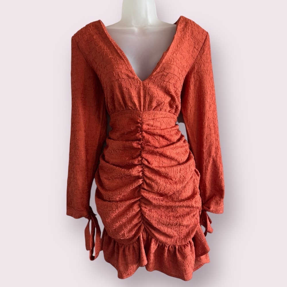 PrettyLittleThing Ruched Bodycon Mini Dress Rust Long Sleeve Size 6